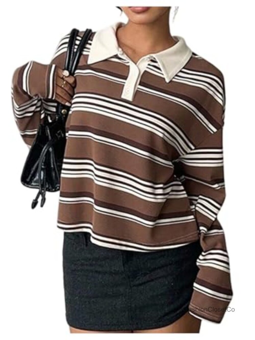 Striped Rugby Crop Top Long Sleeve Collared Button Up Y2K Preppy Tee Shirt